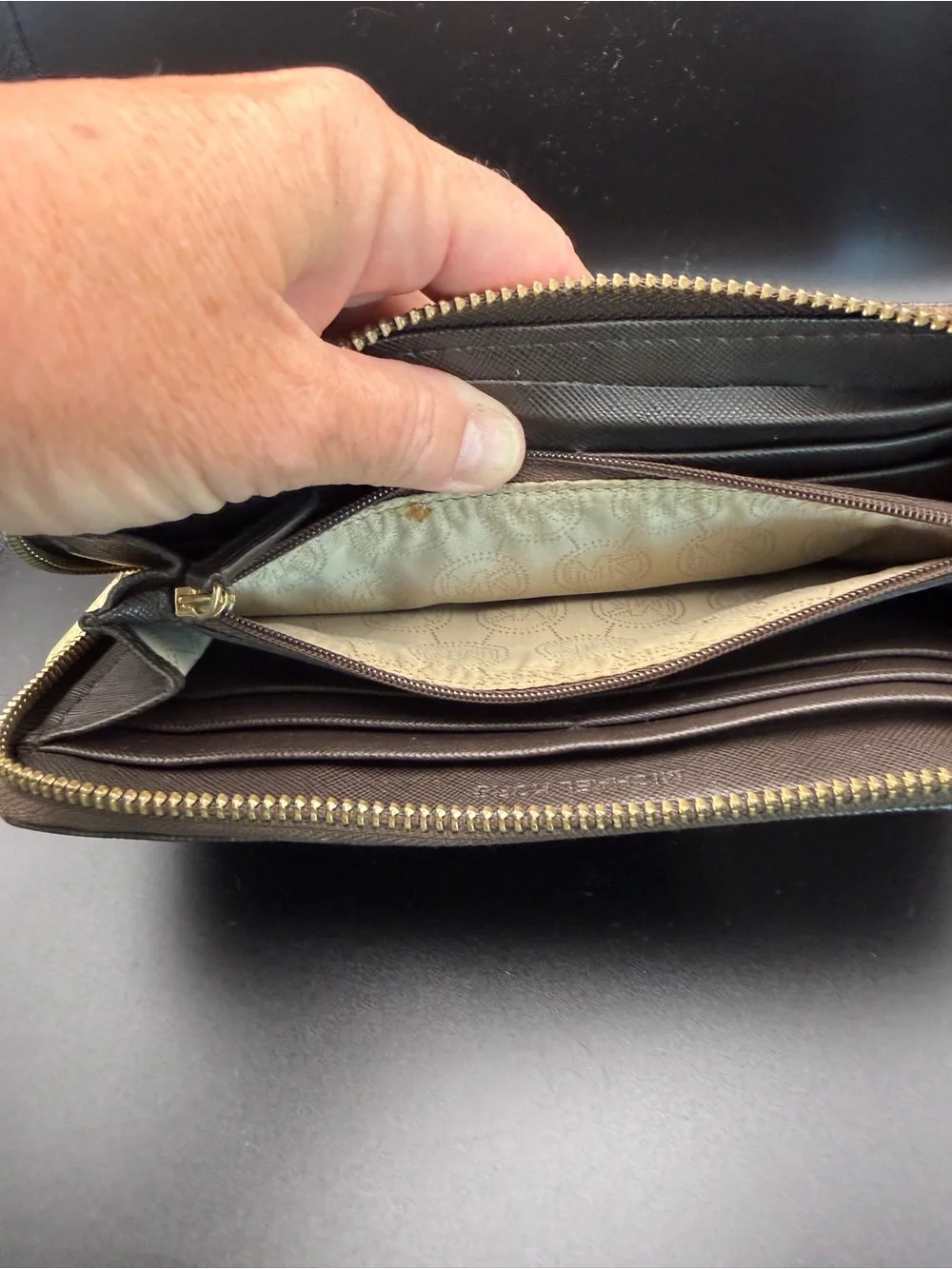 Michael Kors Brown MK Logo Zip Wallet with Gold Plate